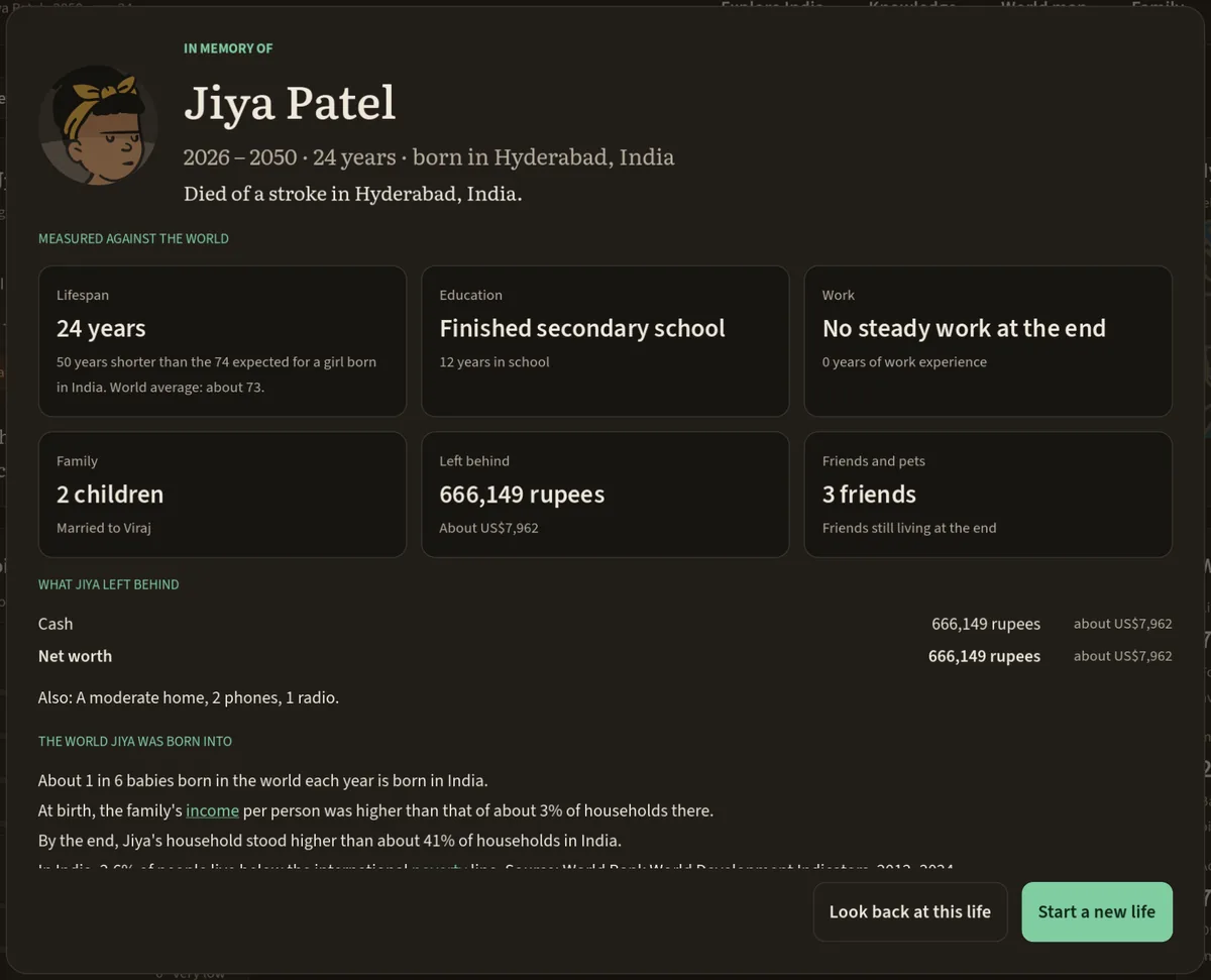 The end-of-life card for Jiya Patel: 24 years, compared with the 74 expected for a girl born in India, with her family, savings and friends.