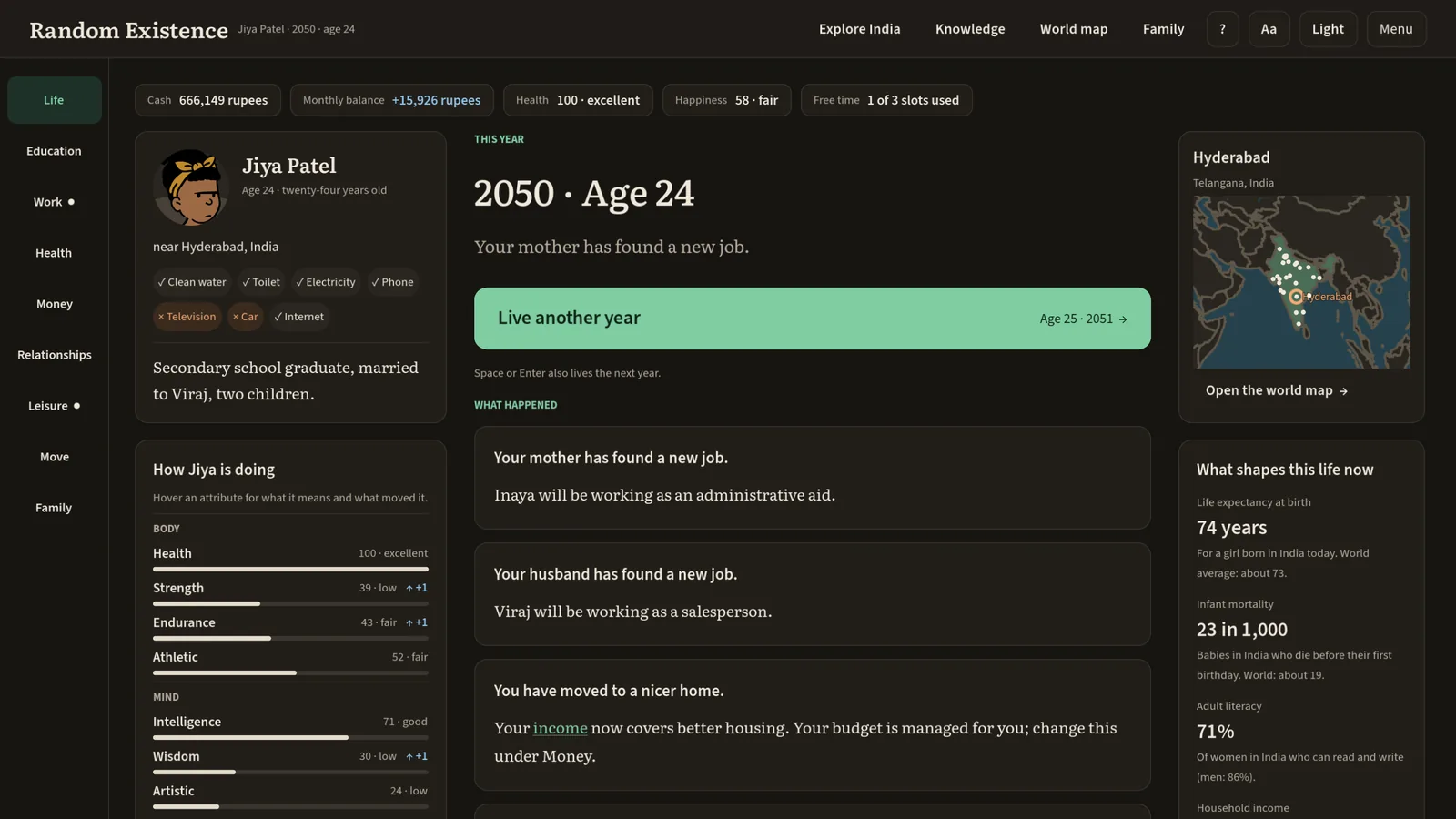 The game's main screen: Jiya Patel, age 24, near Hyderabad, India, with her health and attributes, this year's events, and a map of India.